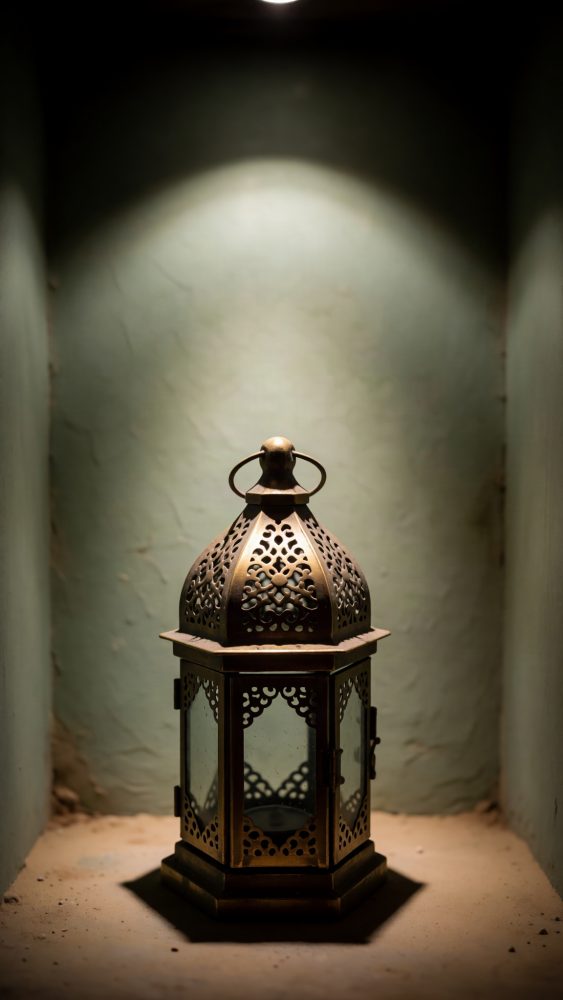 Lanterna metálica de estilo vintage com vidro e recortes decorativos iluminada suavemente