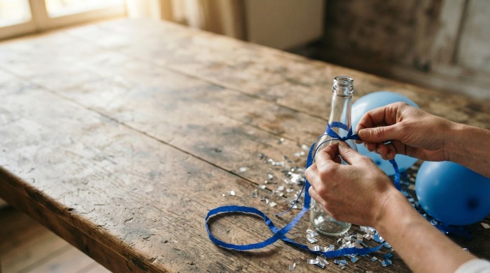 Mãos a amarrar fita azul numa garrafa transparente sobre mesa de madeira com confetes e balões azuis
