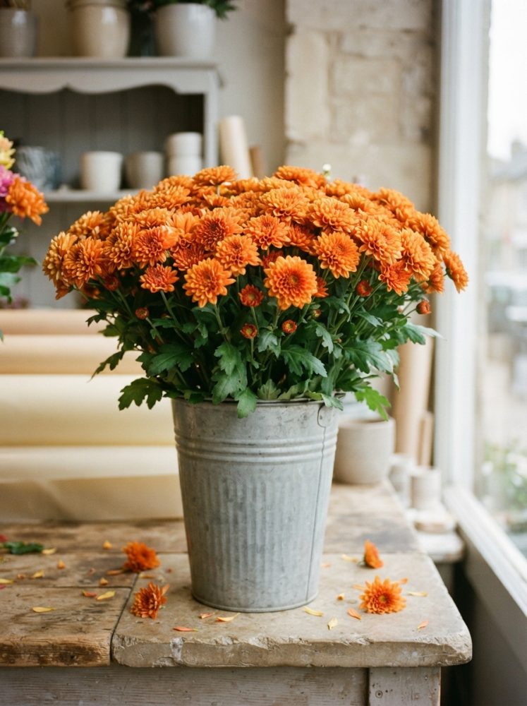 Bouquet de crisântemos laranja num vaso metálico sobre mesa rústica com luz natural