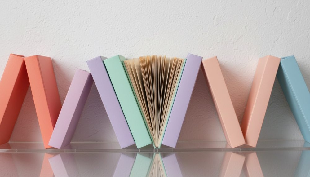 Livros com capas pastel alinhados com um livro aberto ao centro sobre superfície reflexiva