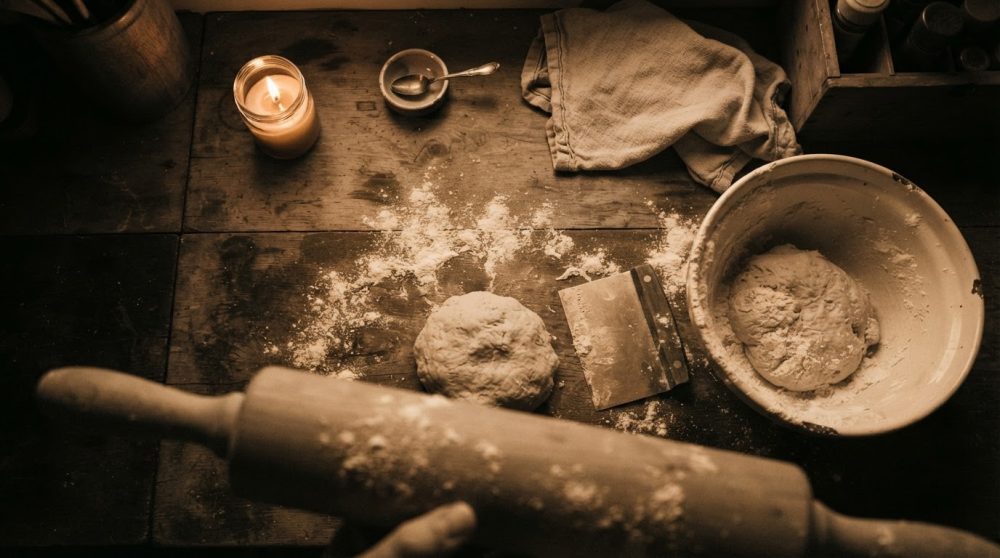 Bancada de madeira com massa de pão, farinha, rolo da massa e vela acesa