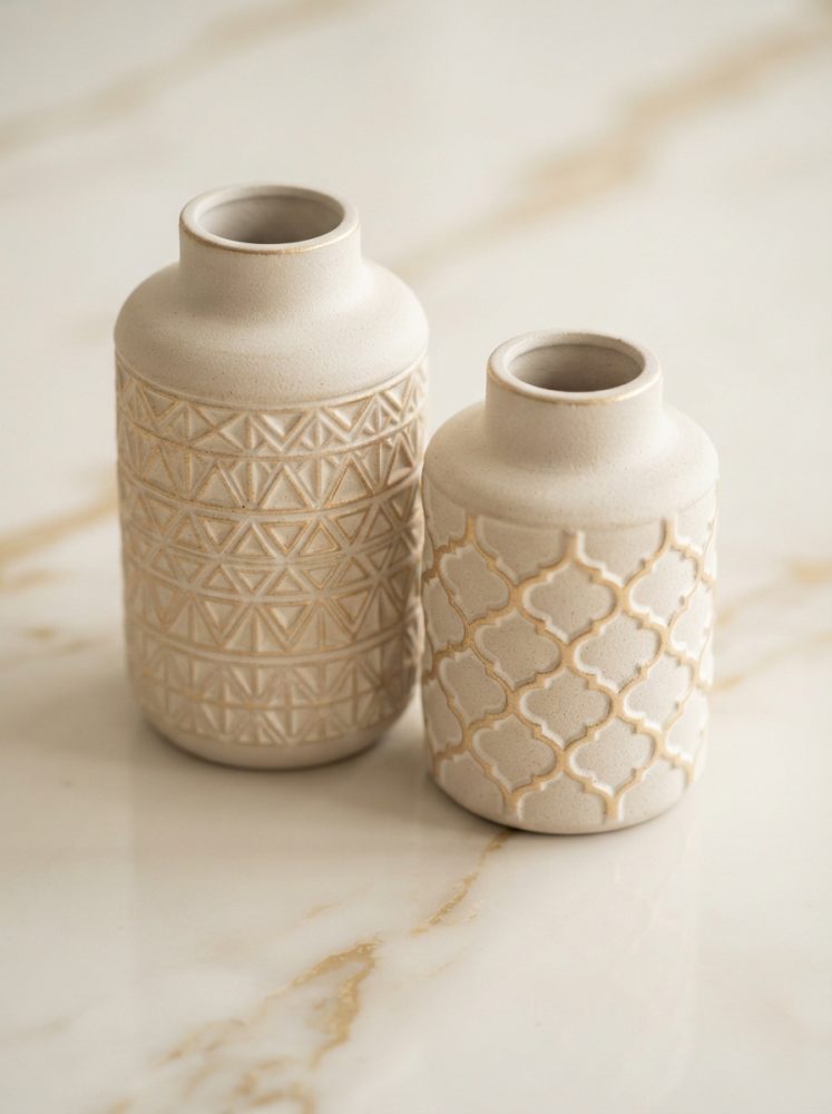 Dois vasos de cerâmica bege com padrões geométricos sobre superfície clara
