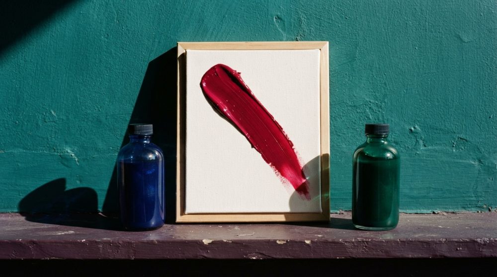 Tela com pincelada vermelha entre dois frascos de tinta azul e verde sobre prateleira cinzenta