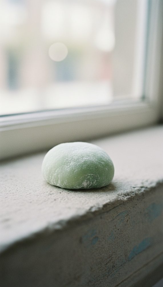 Mochi verde num parapeito de janela com luz natural suave