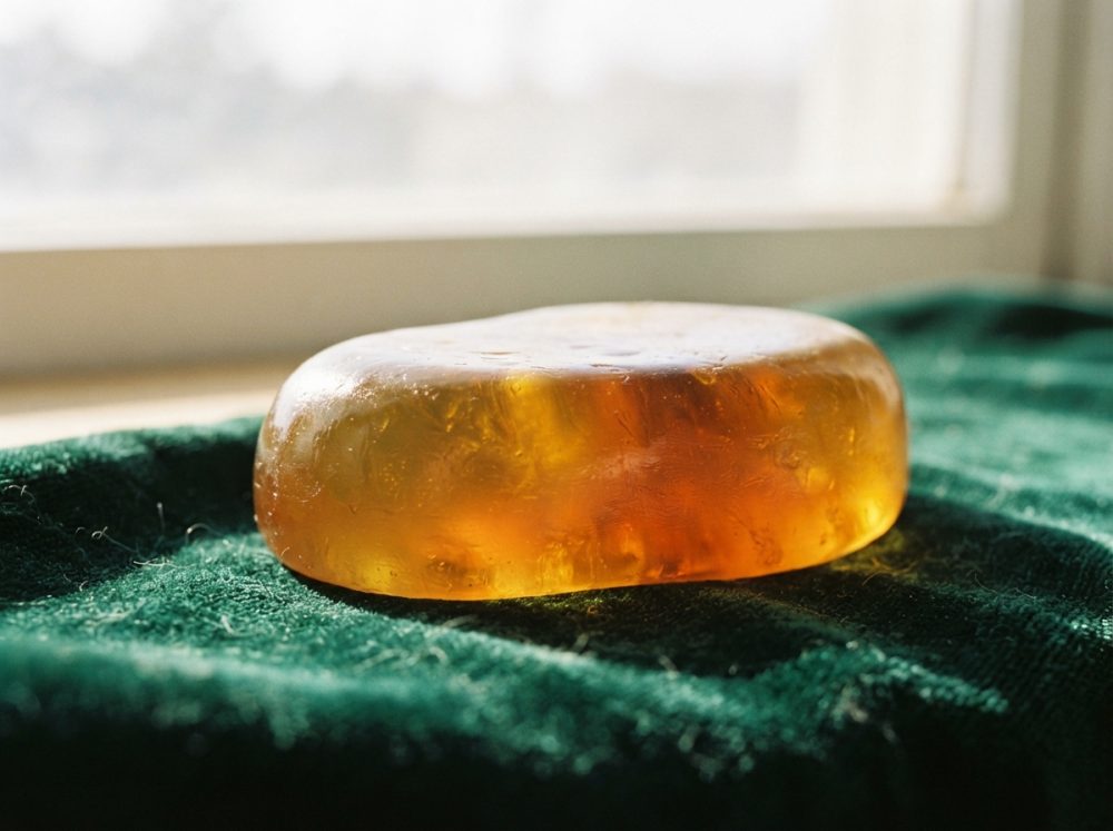 Sabonete translúcido âmbar sobre tecido verde com luz natural suave
