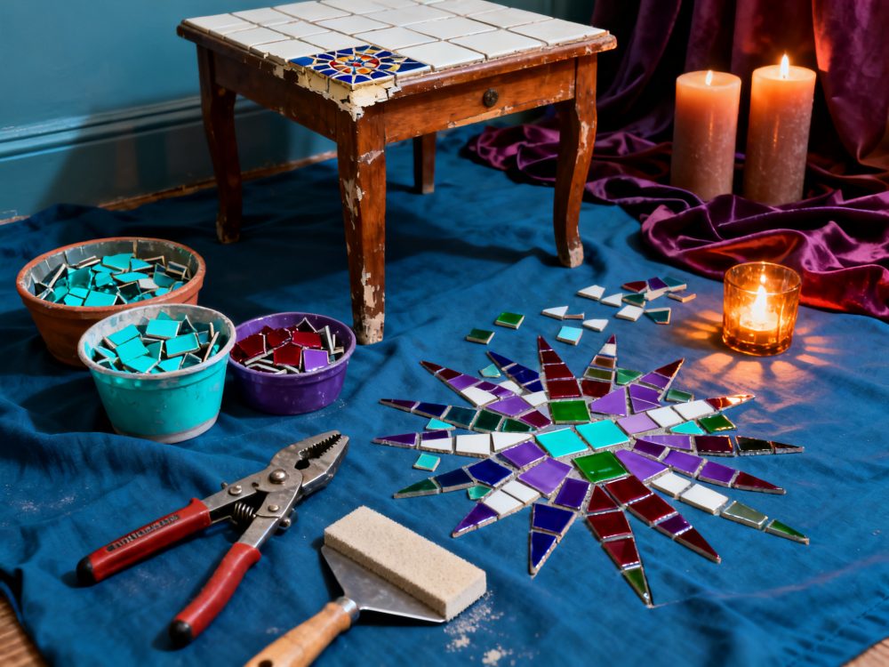 Mesa de madeira com mosaico em azulejos coloridos e ferramentas de bricolage junto a velas acesas