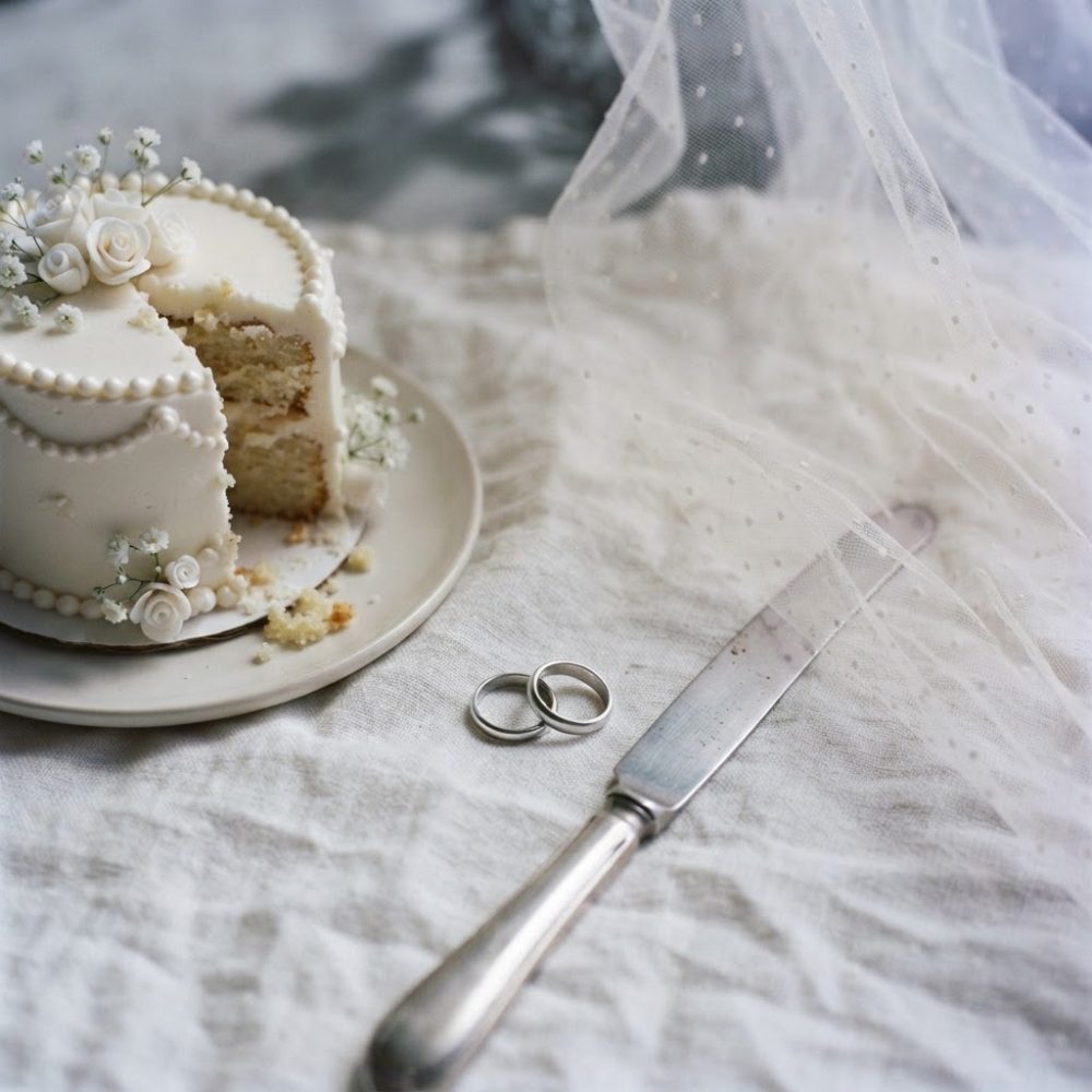 Bolo branco de casamento com flores decorativas, fatia cortada, alianças e faca sobre tecido e véu branco