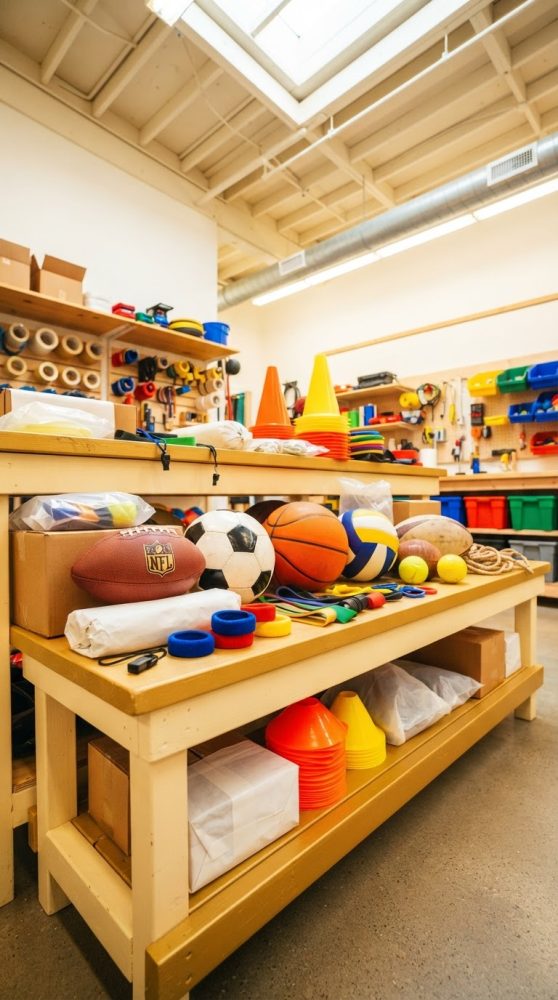 Bancada com bolas de futebol, basquetebol, voleibol, cones e acessórios desportivos em interior iluminado