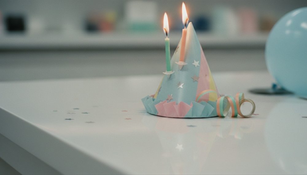 Chapéu de festa com velas acesas, confetes e balão azul sobre mesa branca