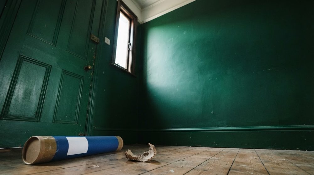 Tubo azul para embalagem e envio no chão de madeira junto a porta verde