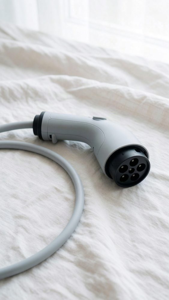 Cabo de carregamento para carro elétrico com conector cinzento sobre tecido branco
