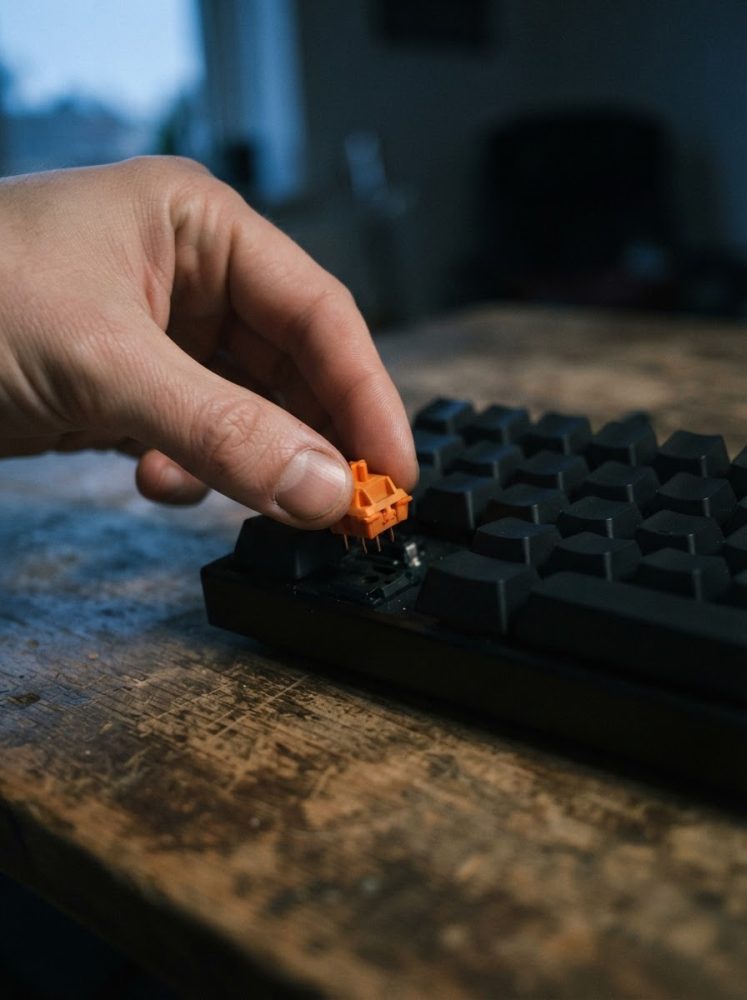 Mão a colocar switch mecânico laranja num teclado preto sobre mesa de madeira rústica