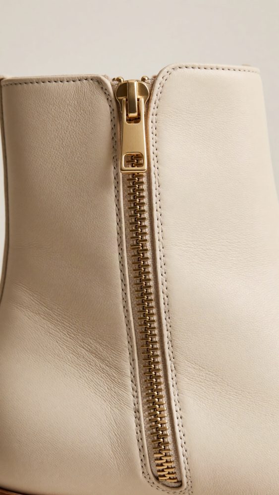 Fecho dourado lateral em bota de couro bege claro com textura e costuras visíveis