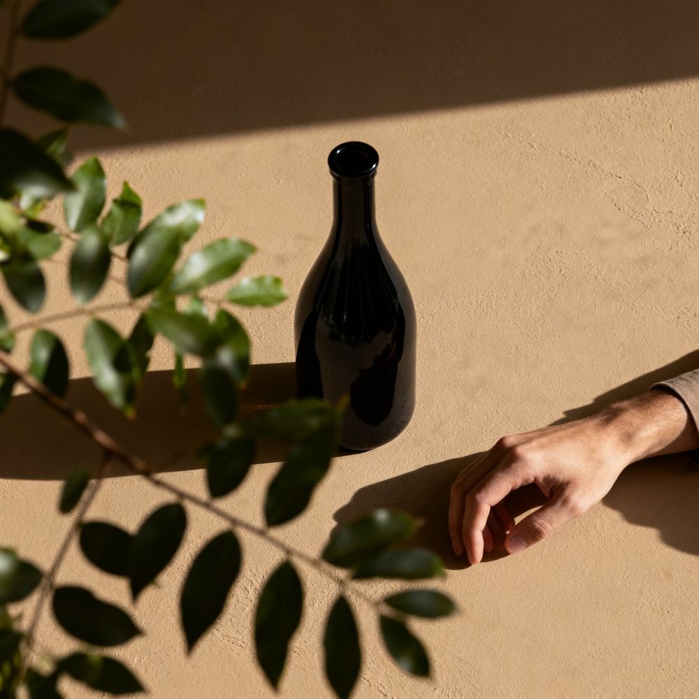 Garrafa preta de vinho numa mesa bege com sombra de folhas verdes e mão masculina ao lado