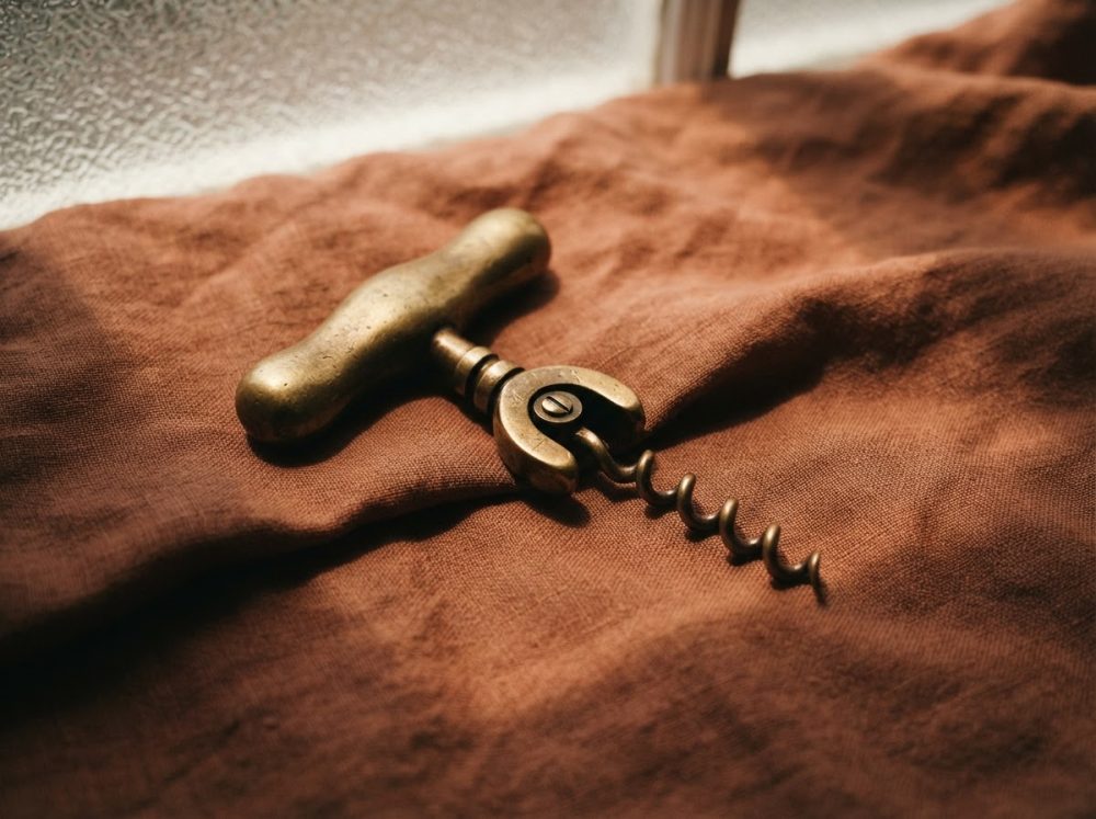 Saca-rolhas dourado antigo sobre pano castanho enrugado com iluminação suave