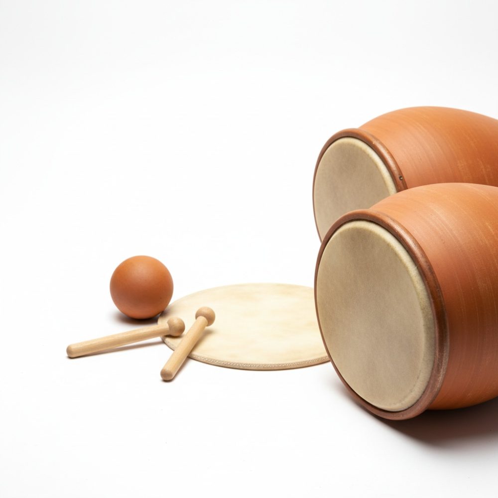 Conjunto de tambores de percussão com pandeiro e baquetas sobre fundo branco