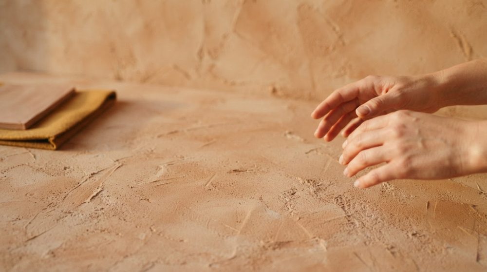 Mãos femininas sobre superfície texturizada em tons terra com bloco de notas ao fundo