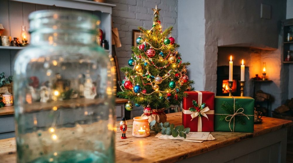 Árvore de Natal decorada com bolas coloridas e presentes numa mesa de madeira próxima de lareira acesa