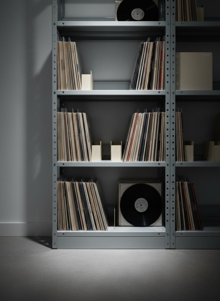 Estante metálica cinzenta com discos vinil organizados em várias prateleiras
