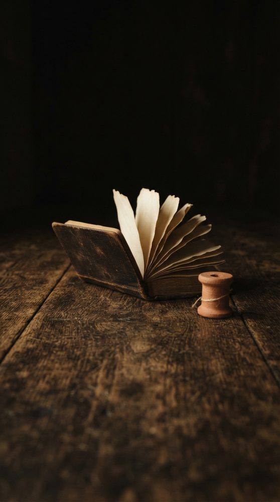 Livro antigo aberto em mesa rústica de madeira com bobina de madeira ao lado