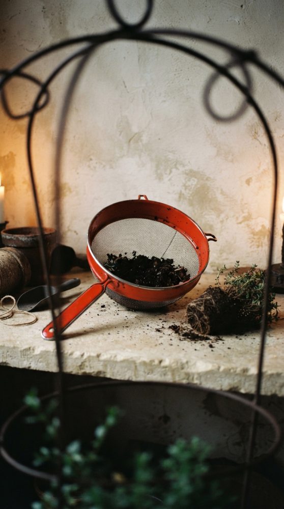 Peneira vermelha com terra e ferramentas de jardinagem sobre bancada rústica iluminada por luz quente
