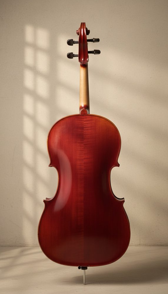 Cello clássico visto de trás com luz suave e sombras geométricas na parede clara