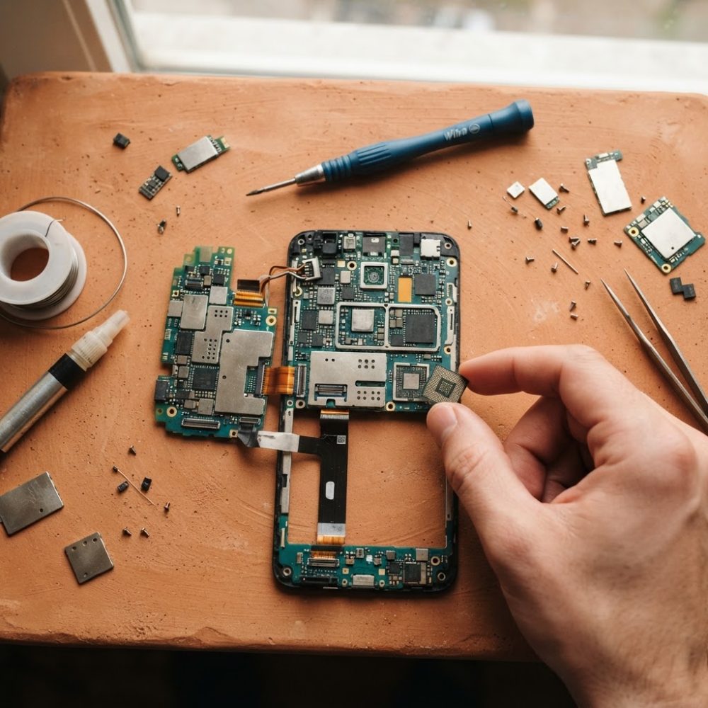 Mão segurando chip perto de placa de circuito de smartphone e ferramentas em mesa de trabalho