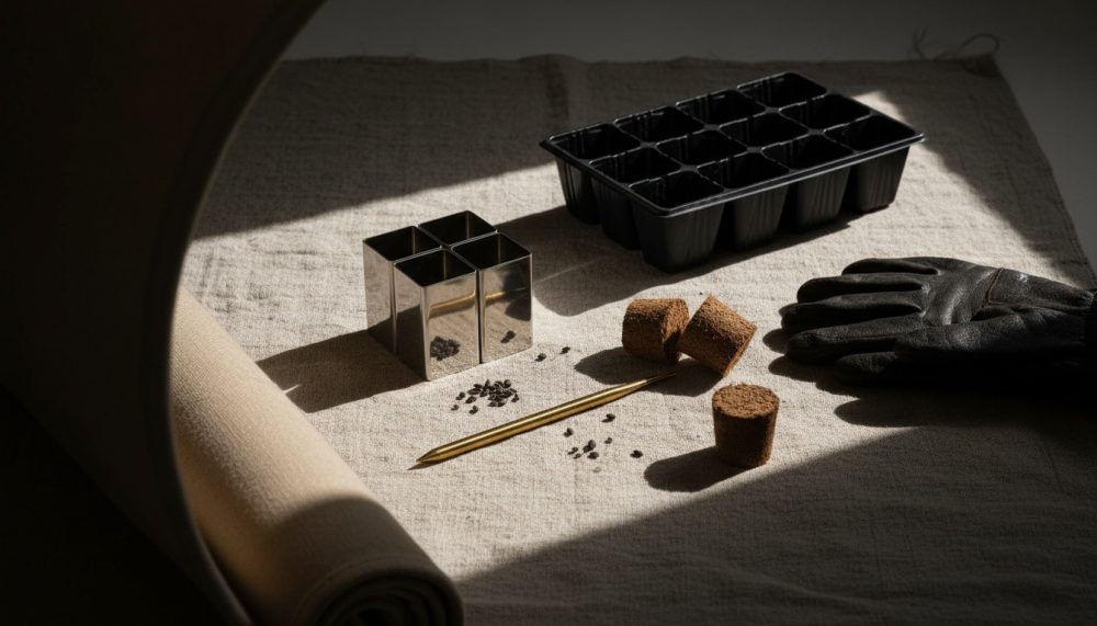 Kit de sementes com bandeja preta, blocos de enraizamento, luvas de jardinagem e sementes sobre tecido natural