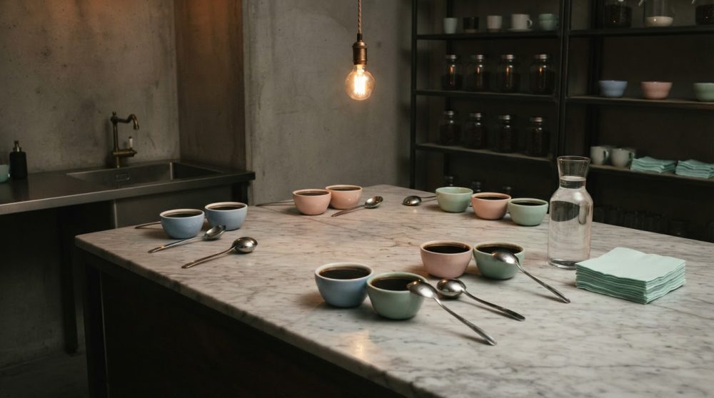 Mesa de mármore com chávenas de café coloridas e colheres, luz quente e ambiente rústico