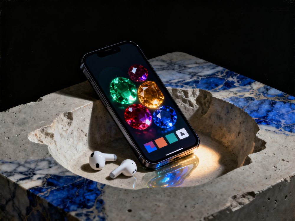 Smartphone com imagens de joias digitais coloridas e auscultadores brancos sobre base de pedra azul e bege