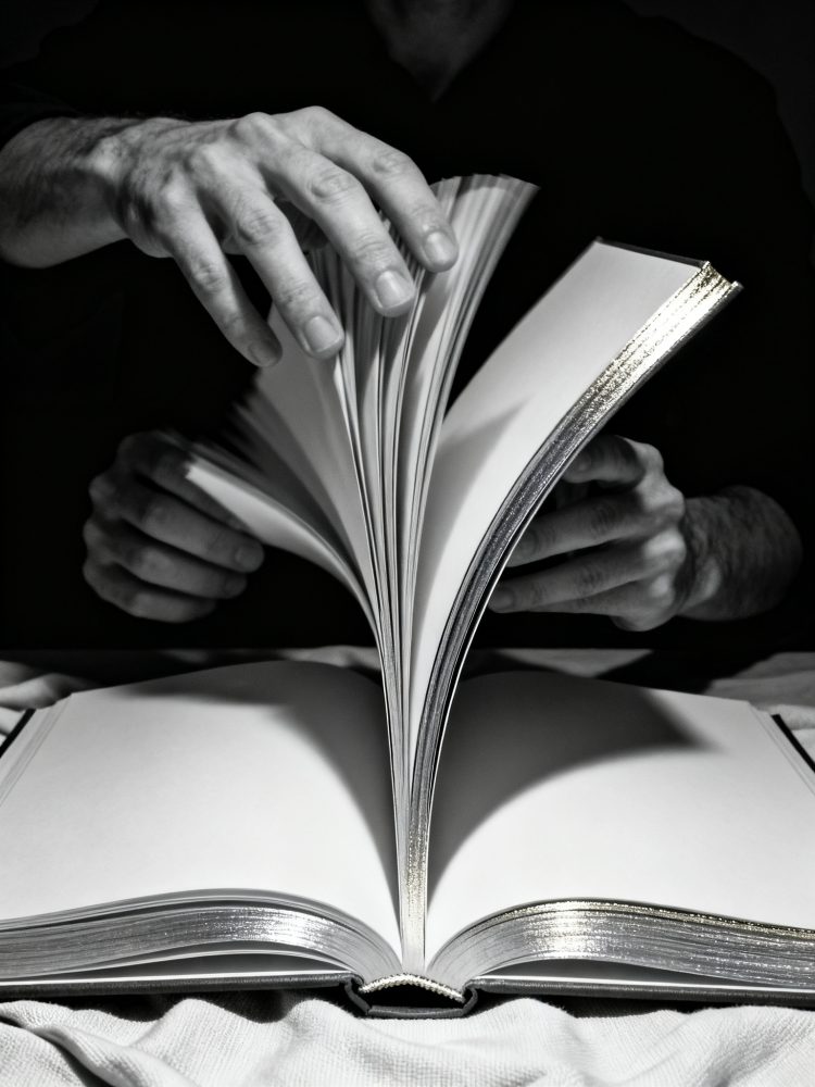 Duas mãos folheando páginas de livro aberto com bordas prateadas em fundo escuro