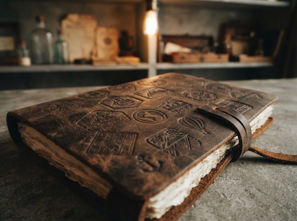 Caderno em pele com gravações de símbolos de viagem sobre mesa rústica