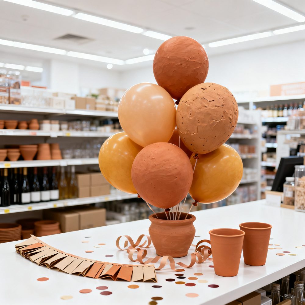 Conjunto de balões terra e amarelo em vaso de barro com copos e confetes sobre mesa branca