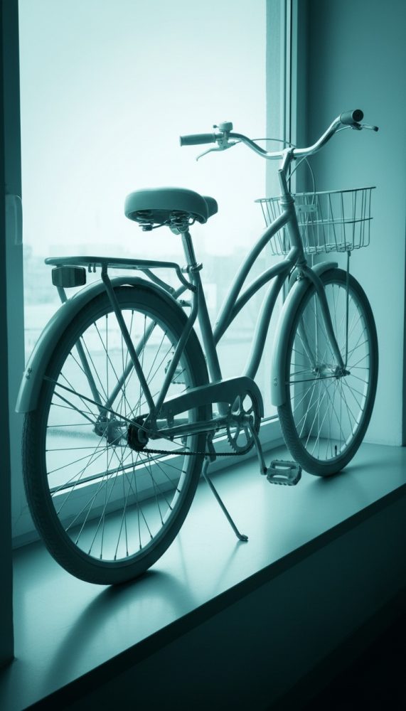 Bicicleta urbana com cesto metálico e porta-bagagens vista de lado junto a uma janela