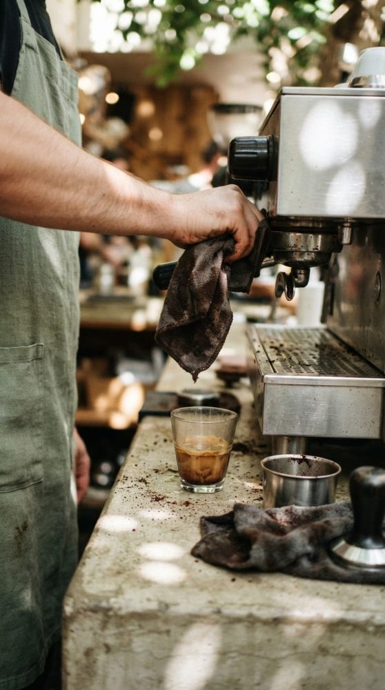 Mão de barista limpa máquina de café com pano perto de copo de café em balcão rústico luminoso