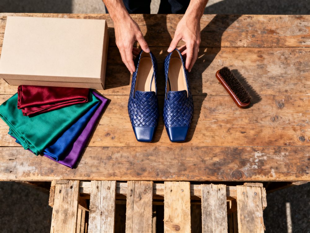 Par de sapatos azuis trançados em pele sobre mesa de madeira com caixa, panos coloridos e escova