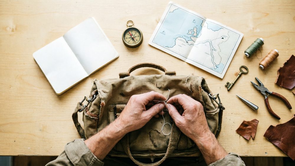Mãos remendando mochila antiga com bússola, mapa, linha e ferramentas de costura numa mesa de madeira clara