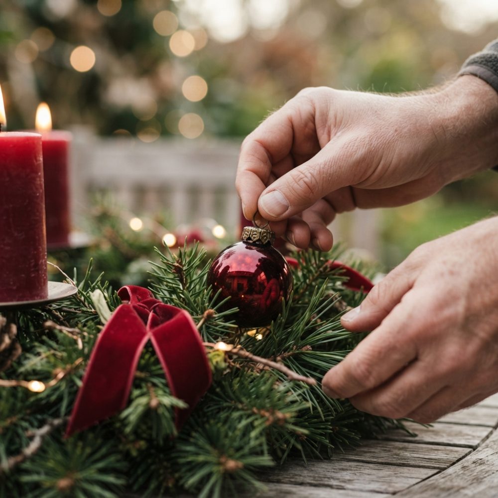 Mãos a pendurar bola vermelha numa coroa de pinheiro com laço e velas vermelhas acesas