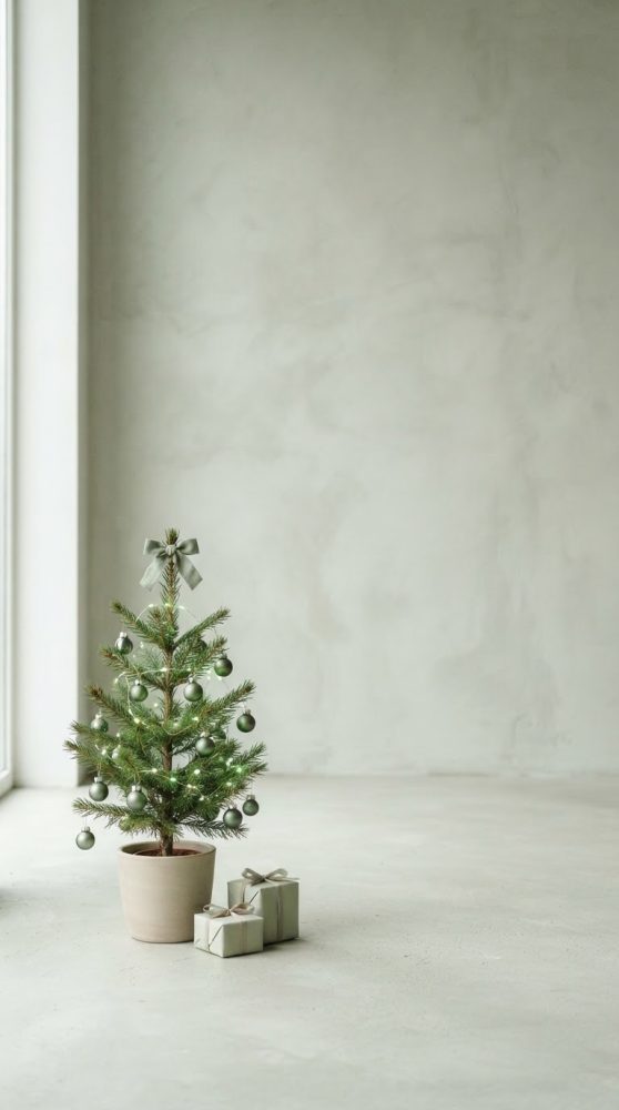 Árvore de Natal pequena em vaso com bolas verdes e presentes pequenos junto à base.