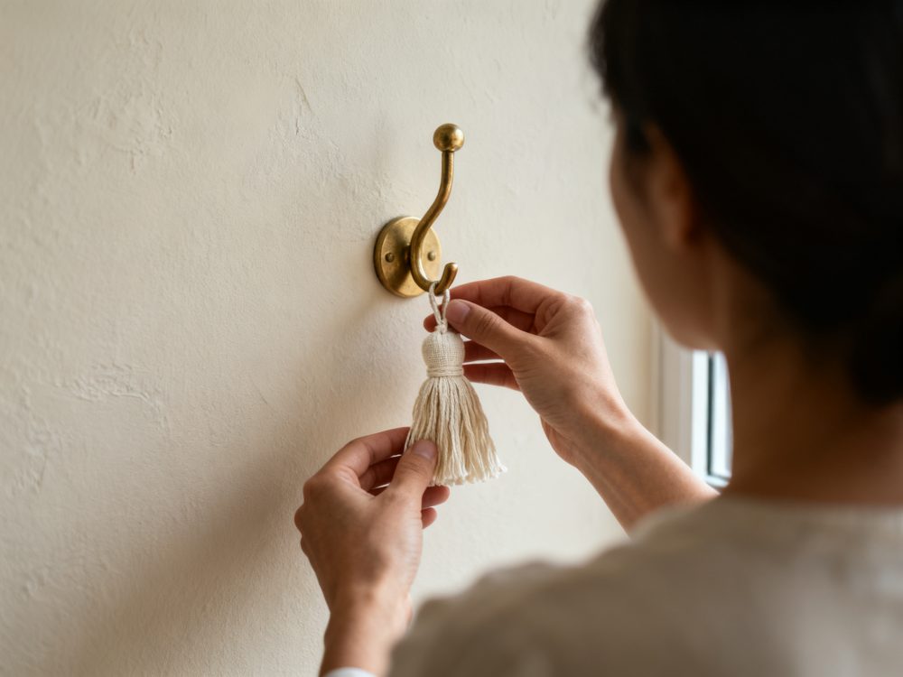 Mãos pendurando borla de tecido num gancho dourado de parede em fundo de parede clara