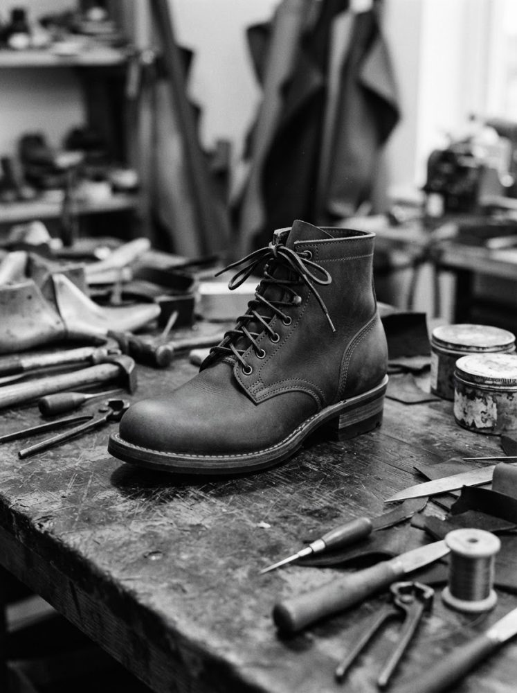 Bota de couro artesanal com atacadores numa bancada de oficina com ferramentas manuais