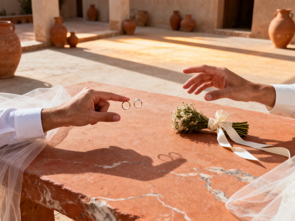 Mãos trocando alianças sobre mesa de mármore com bouquet e luz natural quente