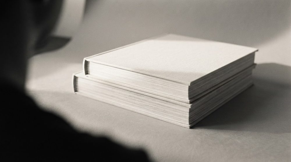 Dois livros empilhados com capas bege claras sobre superfície neutra