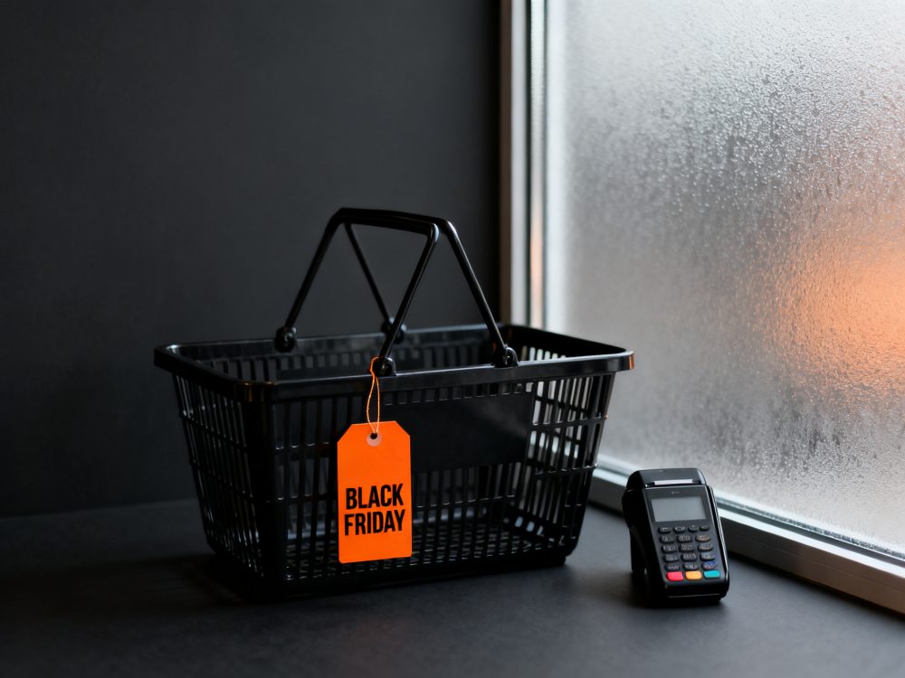 Cesta de compras preta com etiqueta Black Friday e terminal de pagamento num balcão junto a janela fosca