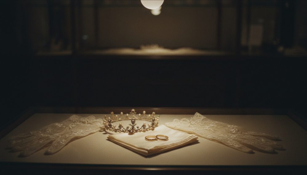 Coroa com pérolas, luvas rendadas e dois anéis de ouro sobre tecido branco para casamento