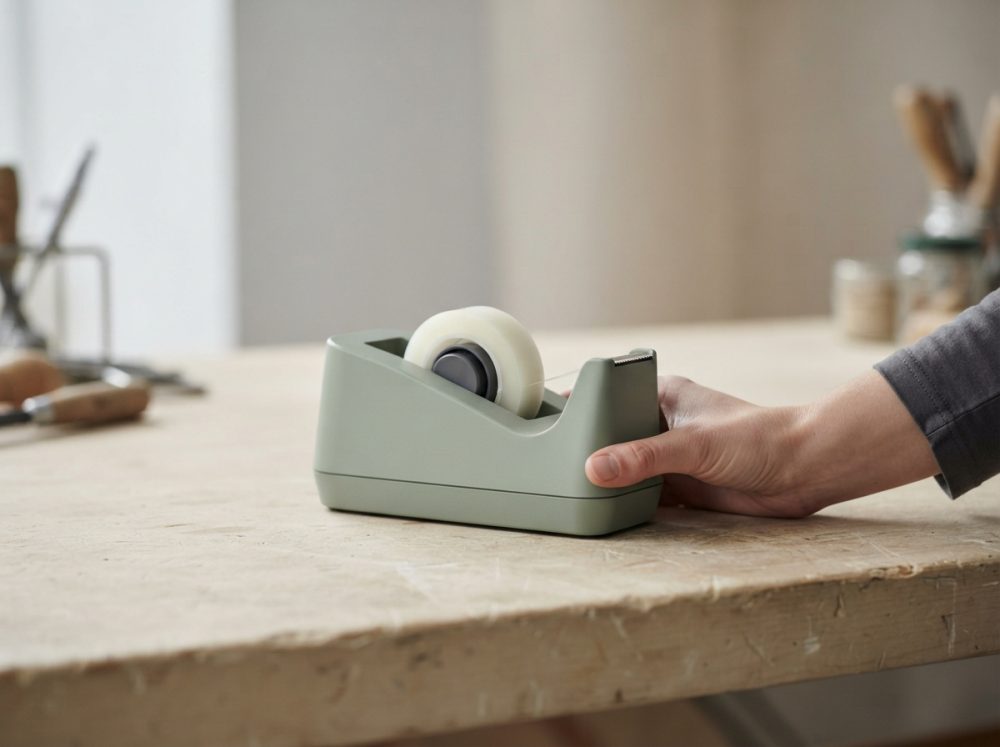 Dispenser verde de fita adesiva numa mesa de madeira segurado por uma mão