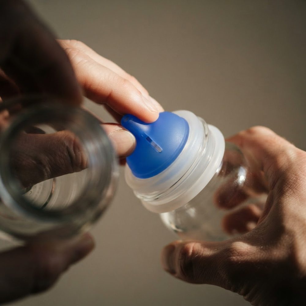 Mãos a montar chupeta azul em biberão transparente para bebé em fundo neutro