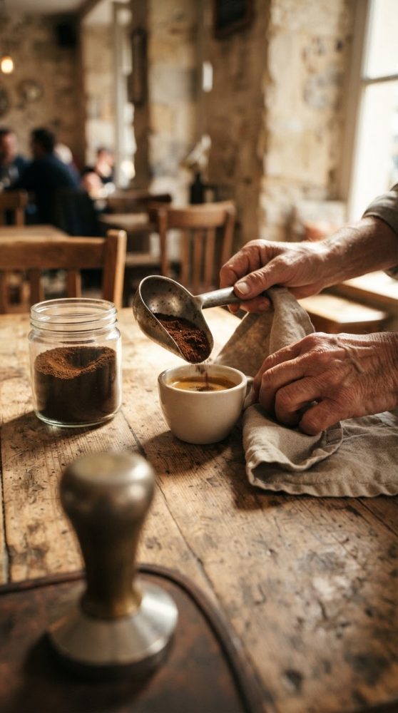 Mãos a colocar café moído numa chávena branca numa mesa rústica de madeira em café acolhedor