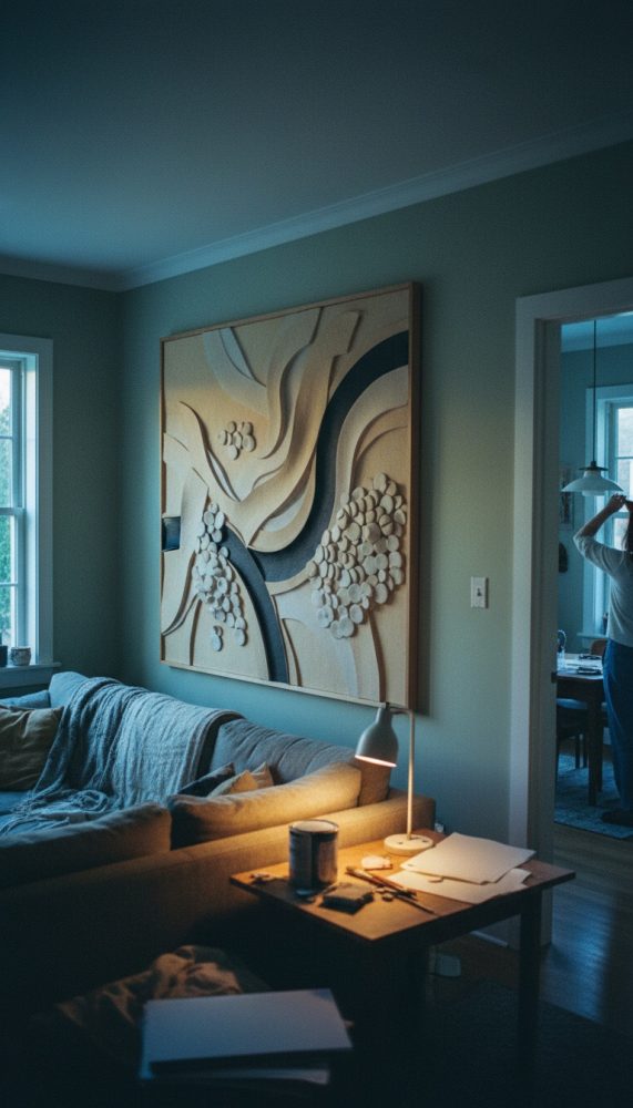 Quadro abstrato em relevo com formas onduladas e neutras numa sala contemporânea