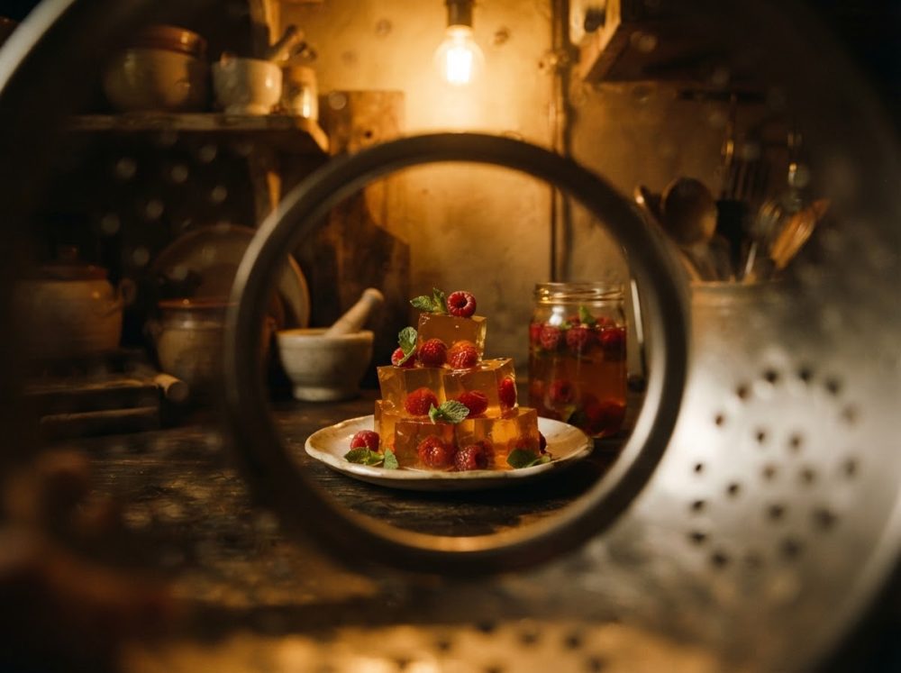 Gelatina dourada com framboesas e hortelã vista através de um utensílio de cozinha